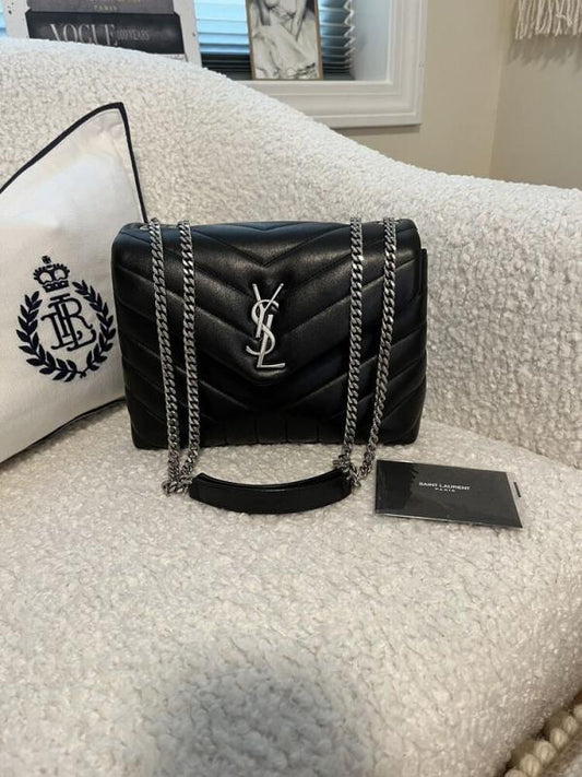 YSL Saint Laurent Loulou Quilted Soft Leather Shoulder Bag Chain Strap With OG Box Dust Cover BlackGold