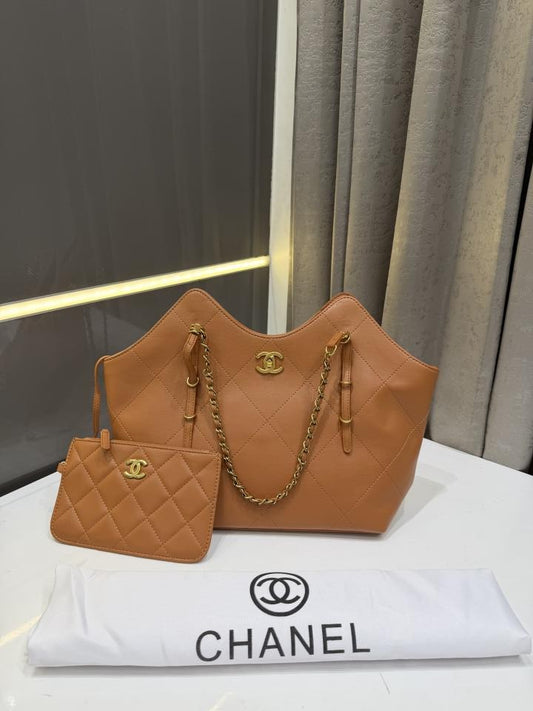 CHANEL CALFSKIN BROWN TOTE BAG PREMIUM WITH EXTRA POUCH & DUST BAG